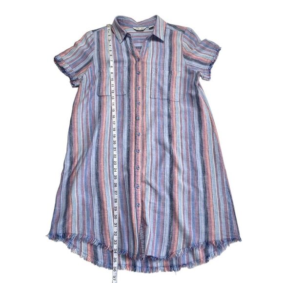 Caffe Marrakesh Linen Blend Striped Raw Hem & Sleeve Button Front Shirt Dress M - Picture 8 of 12